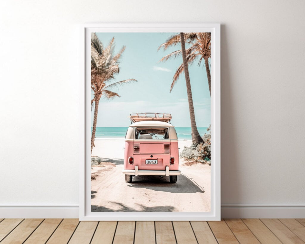 Print of retro van parked on tranquil beach on wood floor