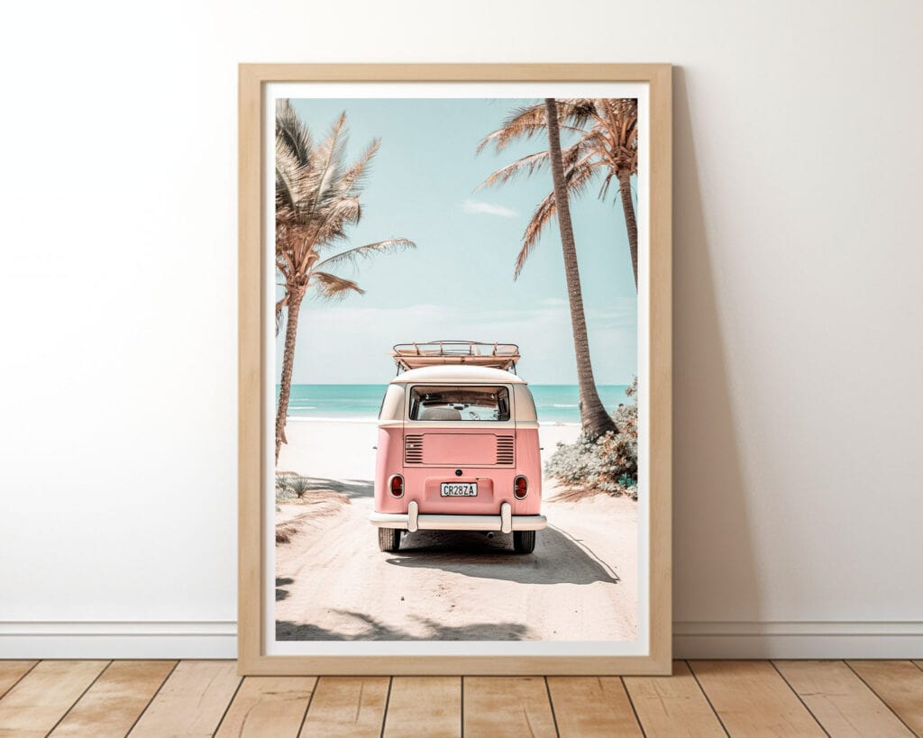 Wood framed print of retro van parked on tranquil beach