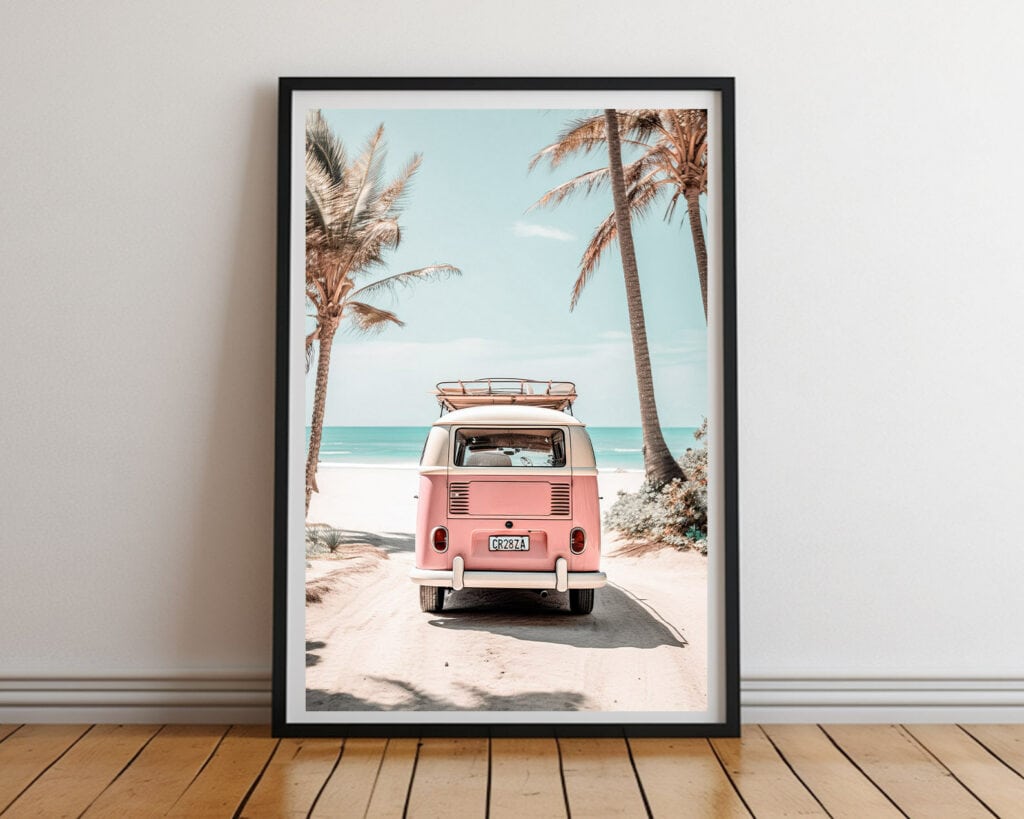 Black framed print of retro van parked on tranquil beach