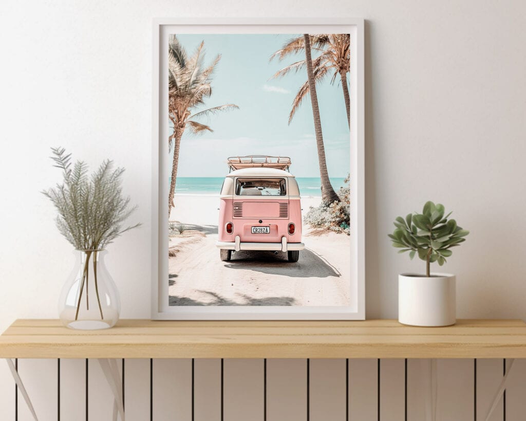 White framed print of retro van parked on tranquil beach