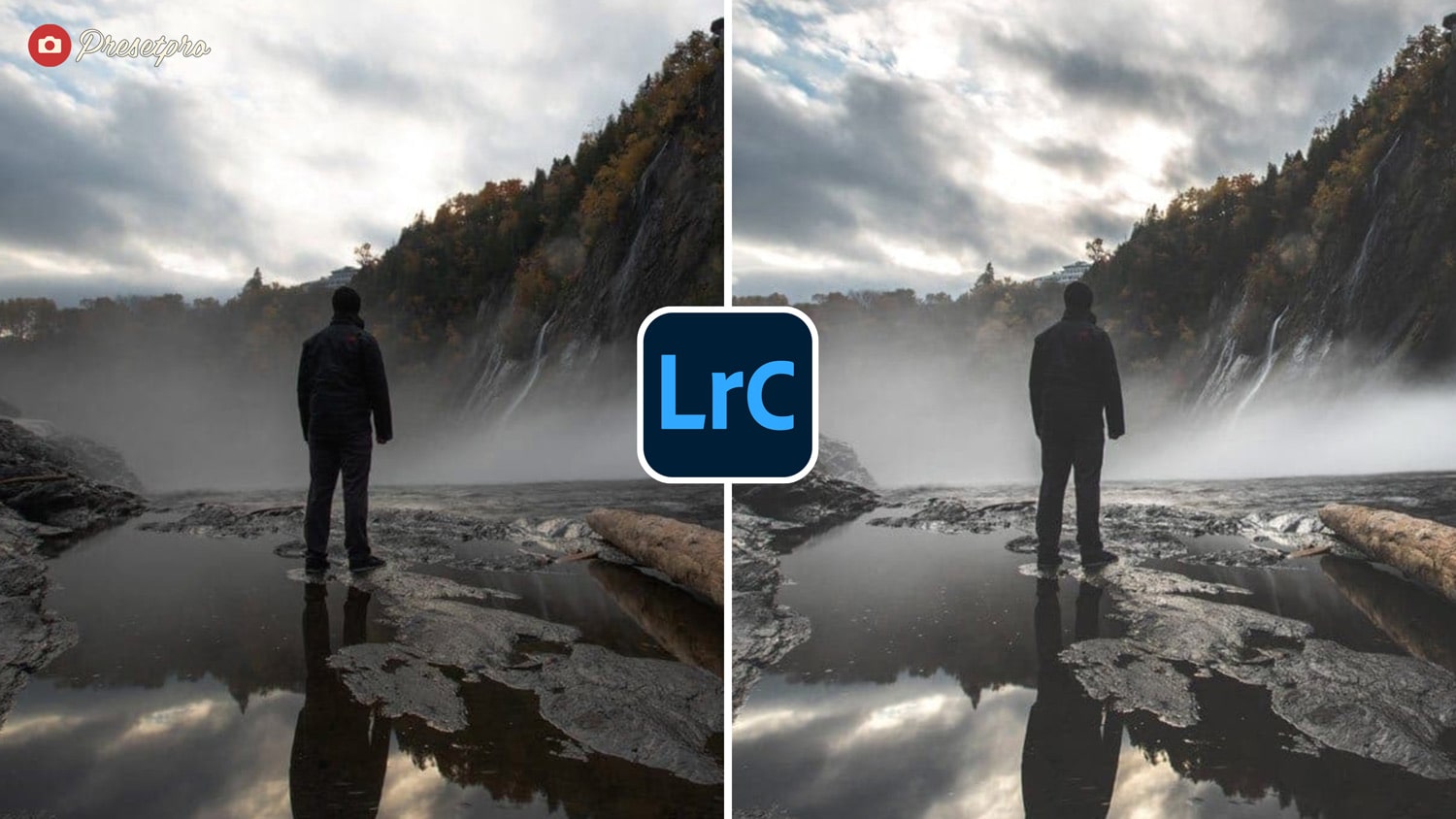 Man standing at the base of waterfall in Canada.