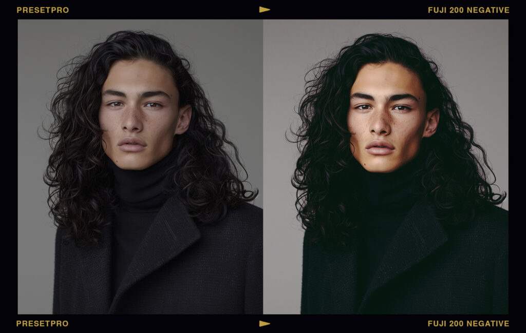 Studio portrait of a male model with long dark hair, edited in Lightroom with FujiFilm 200 Color Negative Film Emulation preset and profile.