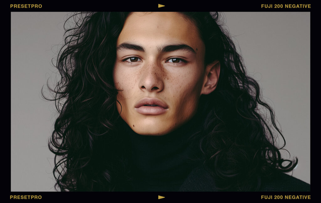 Close-up portrait of a male model with long dark hair, edited in Lightroom with FujiFilm 200 Color Negative Film Emulation preset and profile.