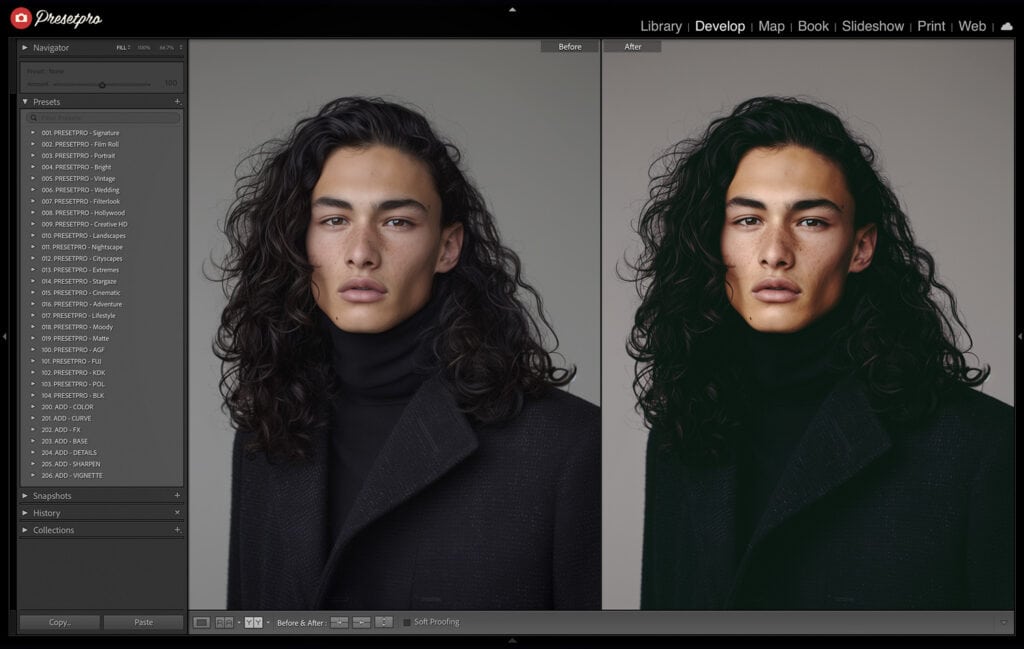 Before and After of Studio portrait edited in Lightroom with FujiFilm 200 Color Negative Film Emulation preset and profile.