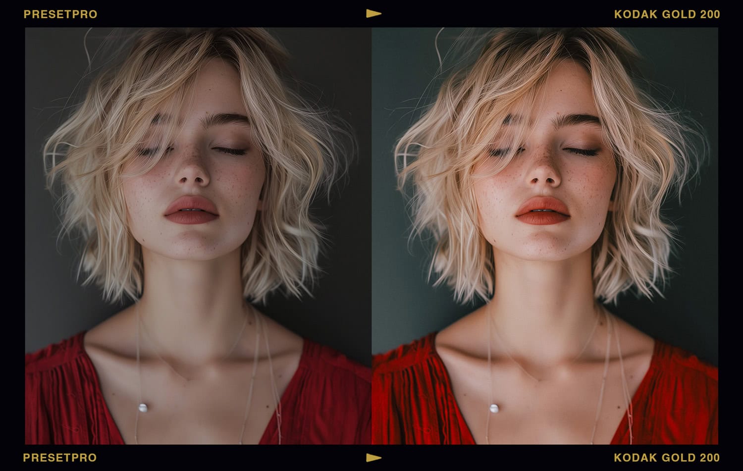 A side-by-side comparison of a studio portrait of a young woman with a serene expression before and after applying the Kodak Gold 200 Lightroom preset, highlighting the transformation and enhanced colors.