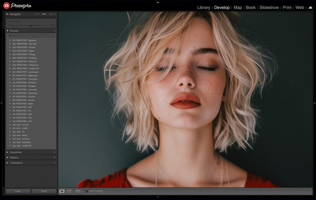 Beautifully edited portrait using the Kodak Gold 200 preset, featuring warm tones and fine grain that emulate the original film's characteristics in Lightroom CC.