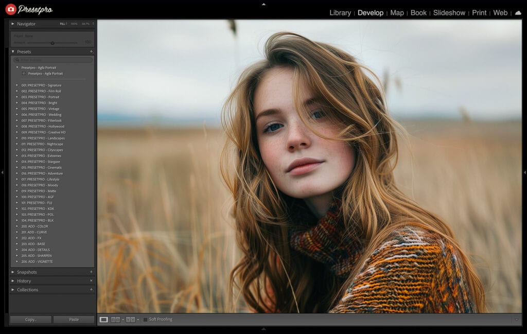 Image of a redhead girl in a field, enhanced with Agfa Portrait 160 Lightroom preset for vintage film look.