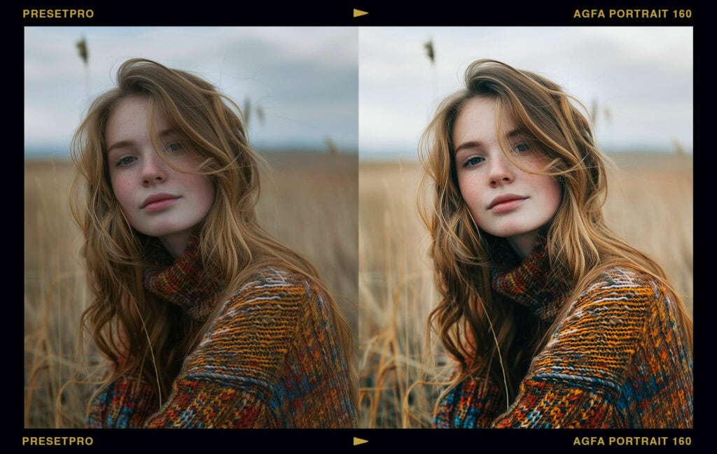 Portrait of a redhead girl in a field, edited with Agfa Portrait 160 Film Emulation for natural color reproduction.