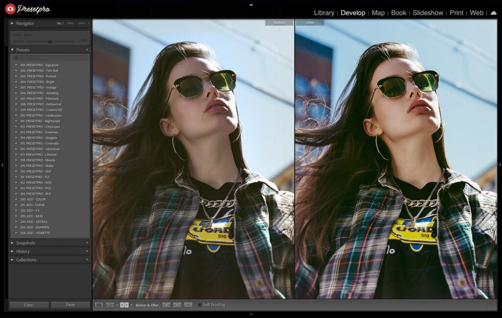 Before and after comparison of a portrait edited with the Agfa Ultra 100 Film Emulation Lightroom preset. The image on the left shows the original photo, while the image on the right demonstrates enhanced color saturation and sharpness achieved using the preset.