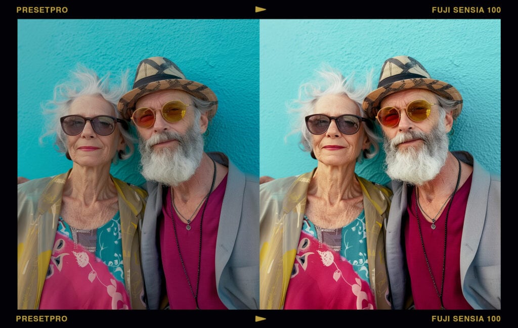 Elderly couple in bright, colorful outfits and sunglasses, posing against a blue wall, edited with Fuji Sensia 100 Film Emulation preset for true-to-life colors.