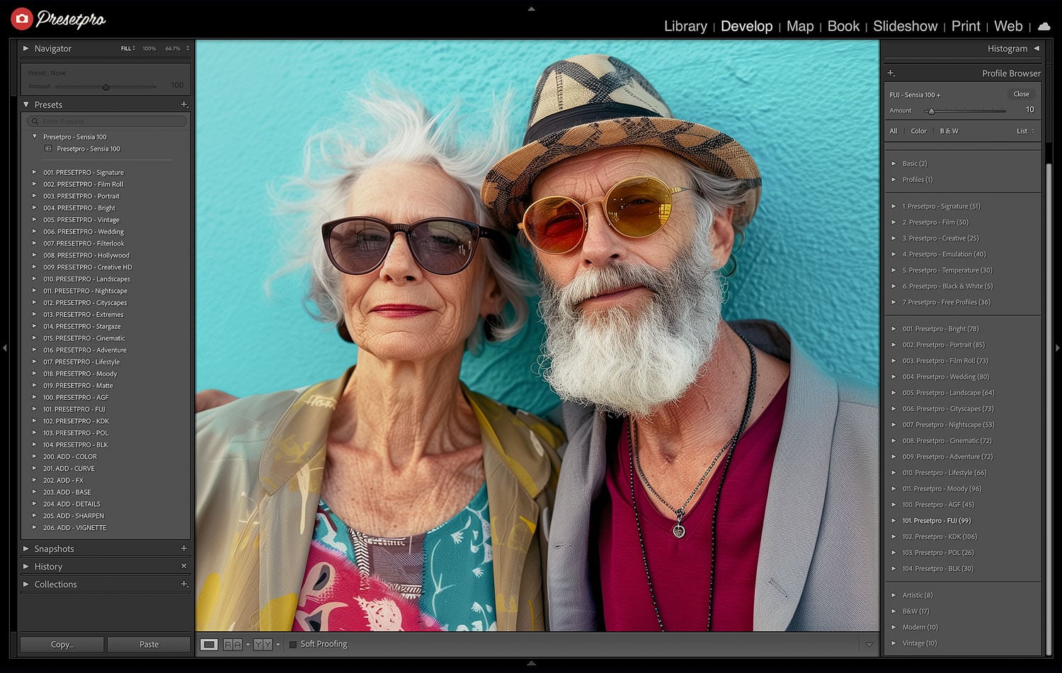 Seniors in stylish, colorful clothing and sunglasses, leaning against a blue wall, demonstrating the fine detail and natural colors of the Fuji Sensia 100 Lightroom preset.