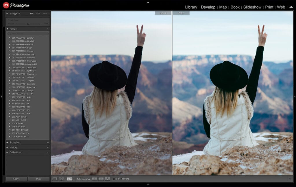 Before and after comparison of a photo edited with the Kodak Ektar 100 Film Emulation Lightroom preset, showing a person sitting at the edge of a canyon with a peace sign, demonstrating the enhancement in colors and details.