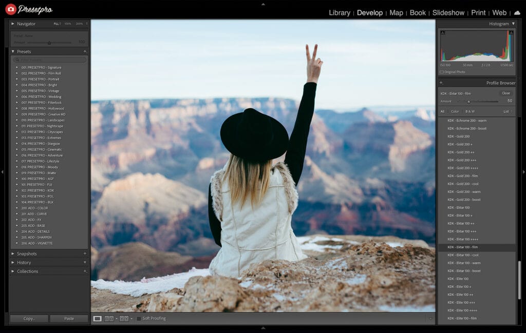 Screenshot of Lightroom showing the Kodak Ektar 100 Film Emulation profile applied to a photo of a person sitting at the edge of a canyon with a peace sign, demonstrating the editing profile and its effects.