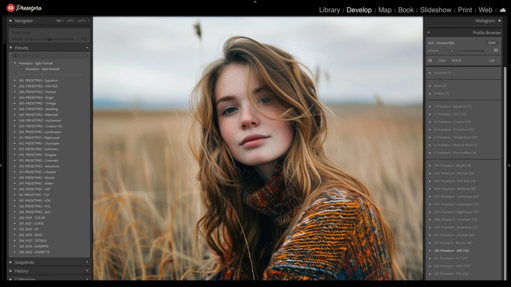 Portrait of a redhead girl in a natural setting, edited with Agfa Portrait 160 preset to replicate analog film aesthetics.