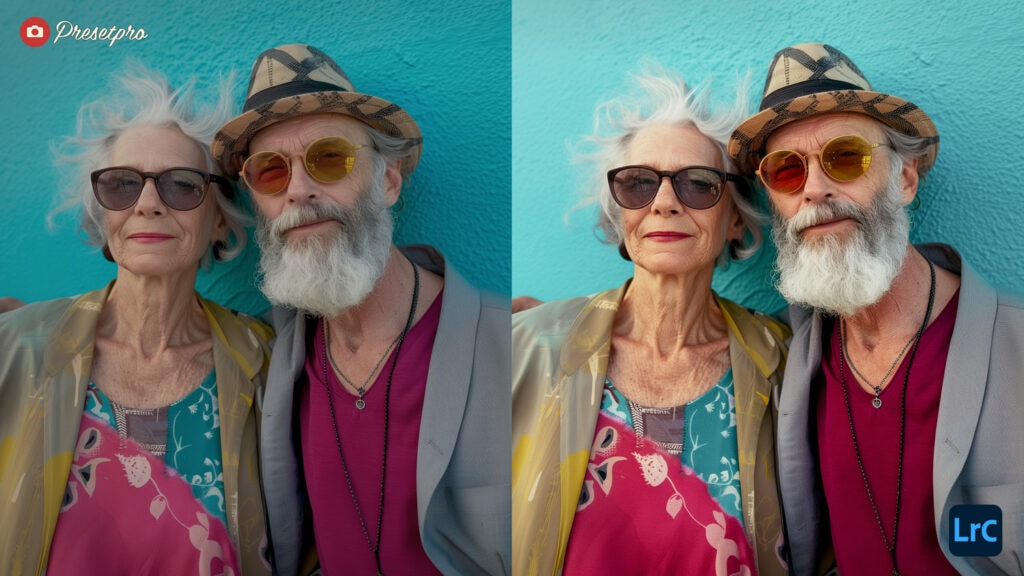 Cheerful elderly couple in colorful attire and sunglasses, against a blue wall, edited using the Fuji Sensia 100 Film Emulation preset for enhanced natural colors and detail.