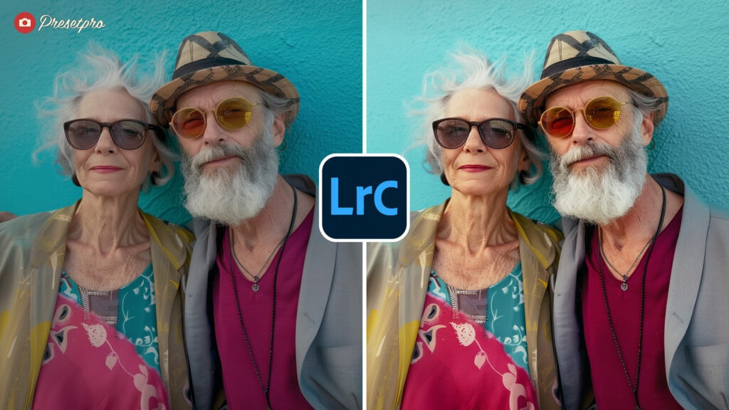 Elderly couple dressed in vivid colors and sunglasses, with a blue wall backdrop, highlighting the Fuji Sensia 100 Film Emulation preset's exceptional image quality.