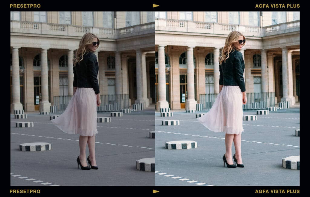 Before and after comparison of a photo edited with the Agfa Vista Plus 200 Film Emulation Lightroom Preset, showing enhanced colors and fine grain. The image features a woman in a light pink dress and black jacket in an urban courtyard.