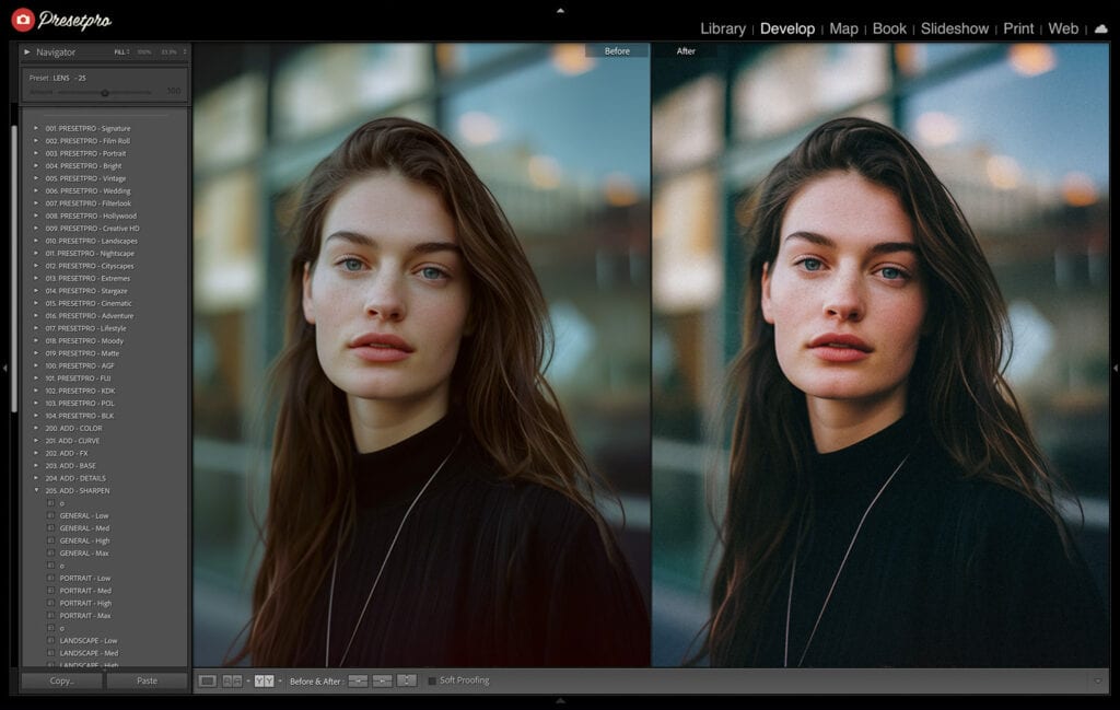 Lightroom interface displaying the Fujichrome Provia 100F Film Emulation preset applied to a portrait photo, showing a side-by-side comparison of the 'before' and 'after' effects with enhanced colors and details.