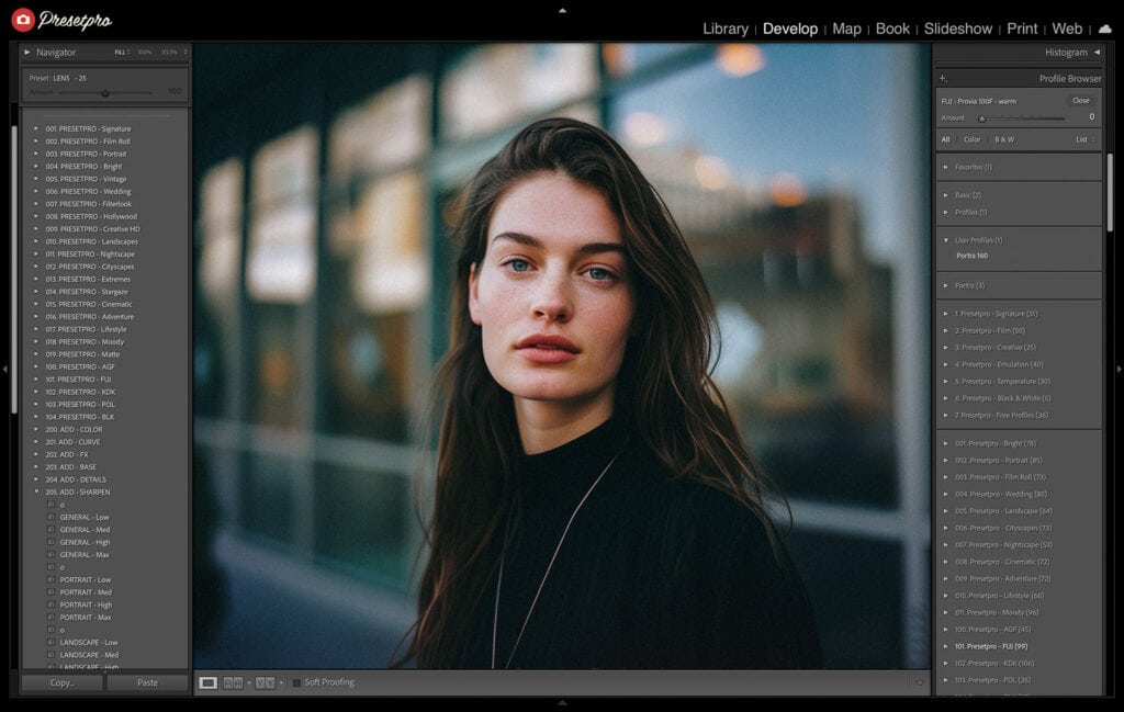 Lightroom interface displaying the Fujichrome Provia 100F Film Emulation preset applied to a portrait photo, showcasing the enhanced image with vivid colors and fine details, with preset options visible on the left panel.