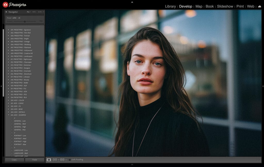 Lightroom interface showing the Fujichrome Provia 100F Film Emulation preset applied to a portrait photo, demonstrating improved color accuracy and detail enhancement, with a list of available presets on the left sidebar.