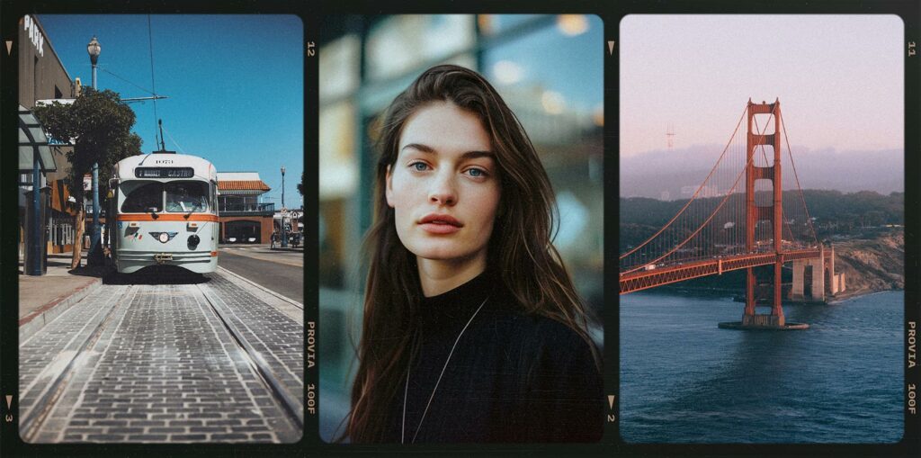 Cover image showcasing the Fujichrome Provia 100F Film Emulation preset in Lightroom, featuring a streetcar in a city, a portrait of a woman, and the Golden Gate Bridge at sunset, illustrating the preset's ability to enhance urban, portrait, and landscape photography with vivid colors and fine detail.