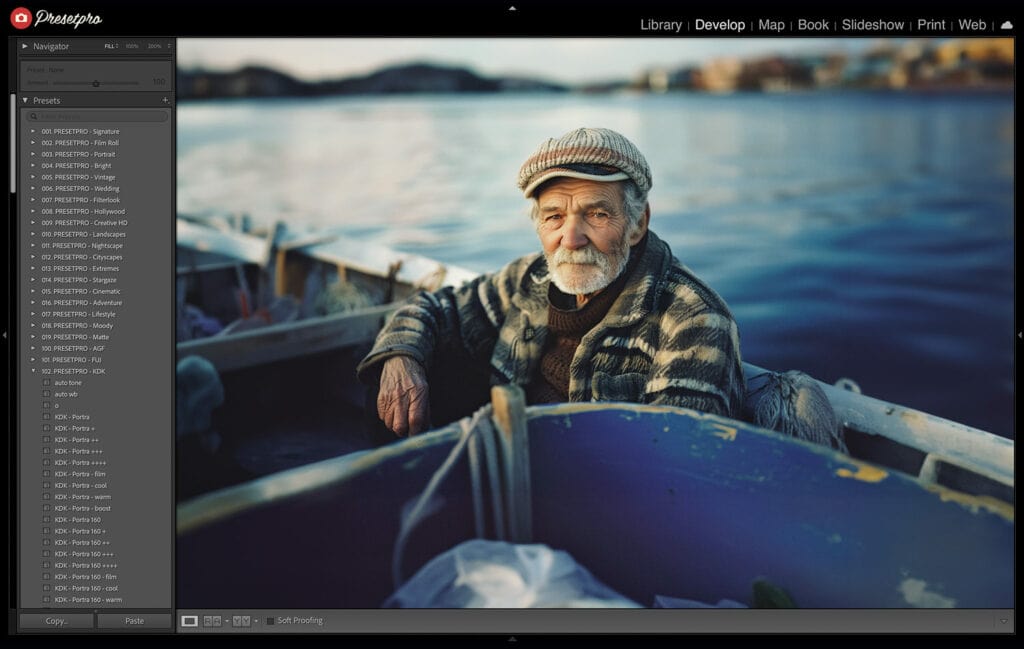 A photo edited in Lightroom using the Kodak Ektachrome 64 film emulation preset and profile, featuring an elderly man with a gray beard and a woolen cap sitting in a small boat on a calm lake, with the Lightroom preset panel visible on the left side of the screen.