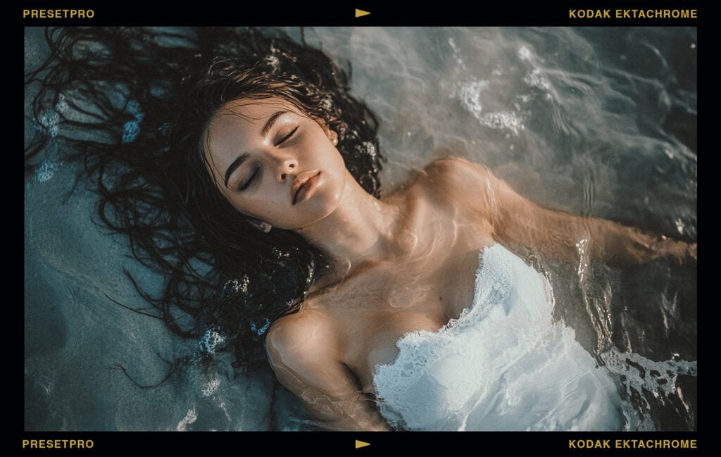 Portrait of a woman lying in water with a serene expression, showcasing the Ektachrome Lightroom preset inspired by Kodak Ektachrome film, adding a cinematic and vintage aesthetic.