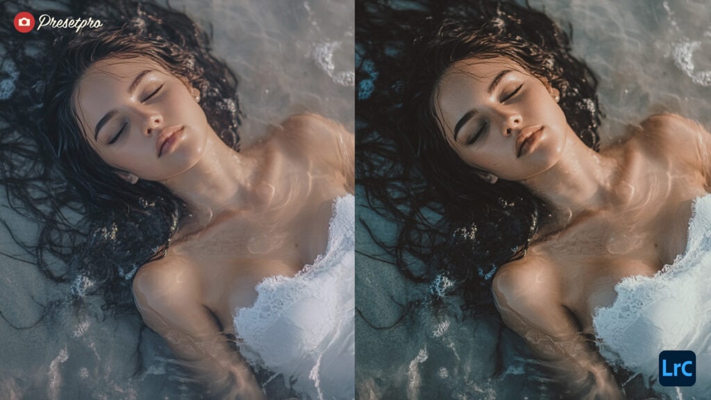 Side-by-side comparison of a portrait of a woman in water, with the original image on the left and the Ektachrome Lightroom preset applied on the right, revealing enhanced cinematic tones and a nostalgic film effect.