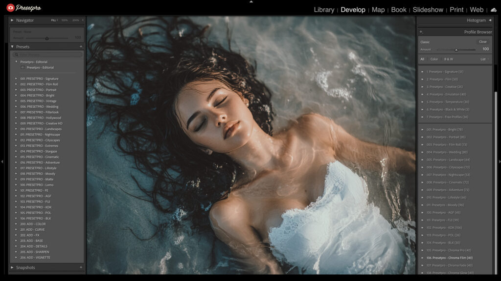 Lightroom's Develop module screenshot showing the Profile Browser and a portrait of a woman in water, emphasizing the application of the 'Classic' profile to achieve an Ektachrome-inspired cinematic vibe.