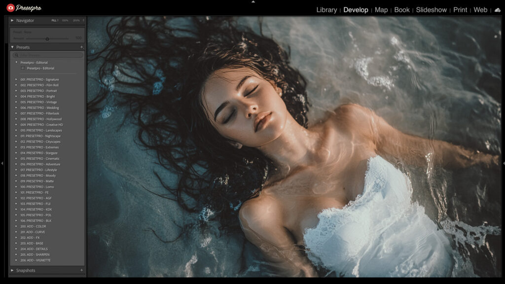 Screenshot of Lightroom's Develop module, featuring a portrait of a woman in water with the Presetpro - Editorial preset panel open, highlighting the use of the Ektachrome preset for a cinematic film look.