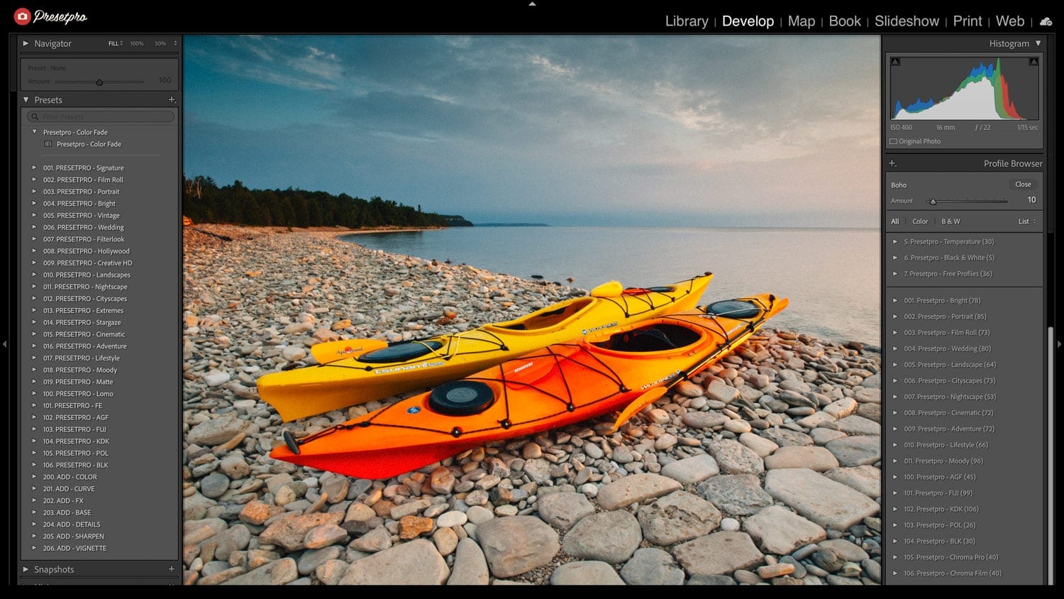 Landscape photo edited with Color Fade preset showing warm film tones.