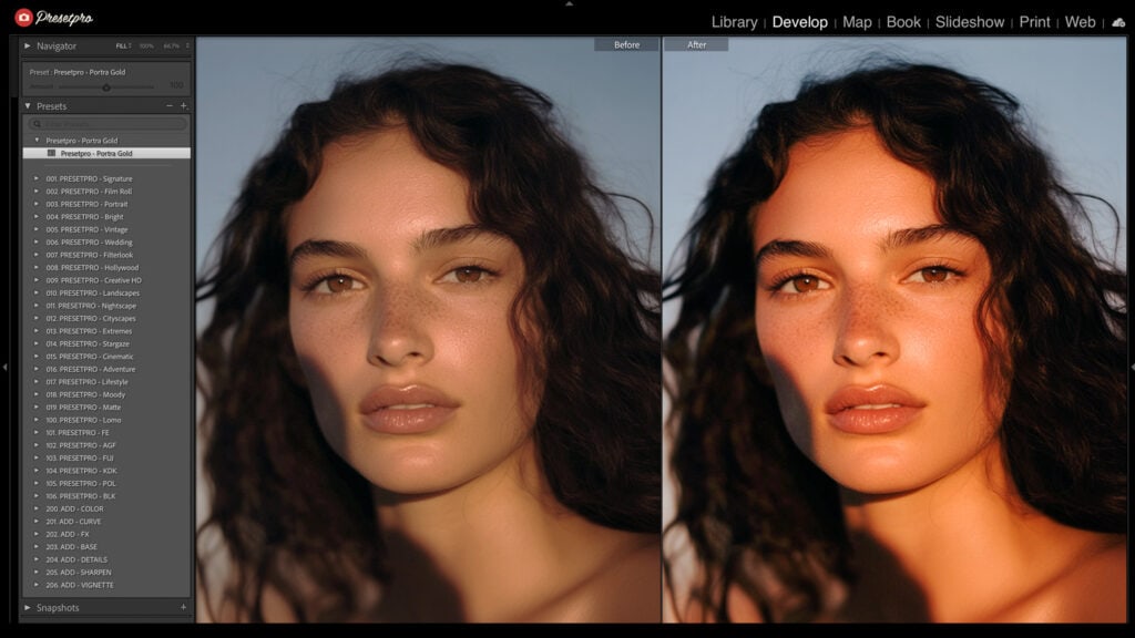 Lightroom Classic interface with the Kodak Portra 400 inspired Lightroom preset applied, displaying the transformation of a golden-hour portrait.