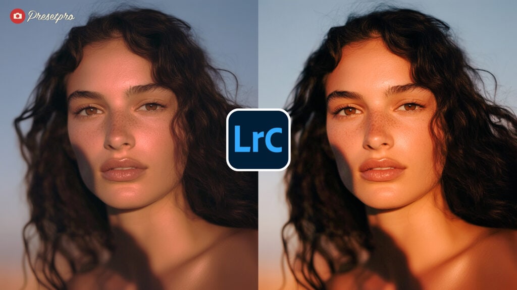 Before and after comparison of a portrait using the Kodak Portra 400 inspired Lightroom Preset, showing film-like skin tones and a rich color palette.