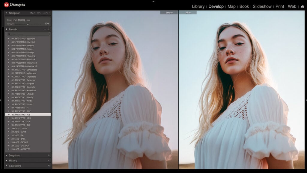 Before and after comparison of a portrait edited with the Fujicolor Pro 160 inspired Lightroom Preset, highlighting soft pastel tones and fine grain.