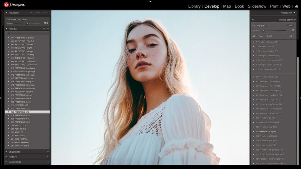 Lightroom Classic interface with the Fujicolor Pro 160 inspired preset applied, showing the transformation of a high-key portrait.