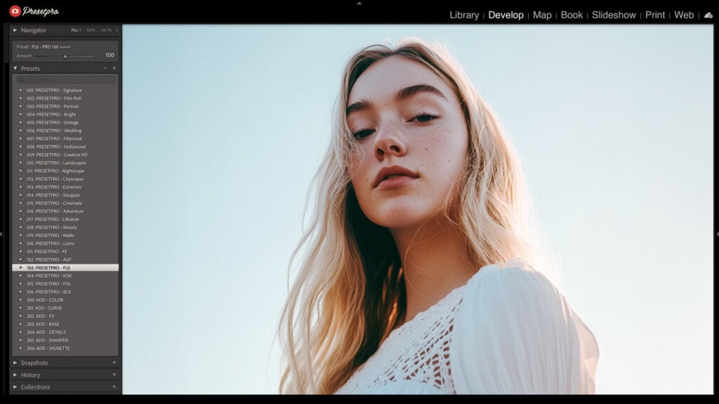 Close-up of a portrait with the Fujicolor Pro 160 inspired preset applied, emphasizing natural skin tones and smooth highlights.