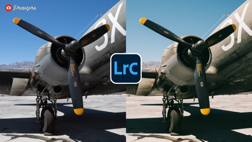 Before and after Lightroom preset comparison of an old military aircraft, showcasing Fujicolor Pro 400H’s pastel tones and film-like color grading.
