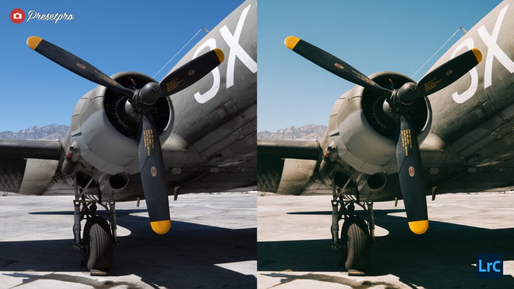 Side-by-side comparison of an aircraft image with and without the Fujicolor Pro 400H inspired preset, demonstrating its vintage and muted tones.