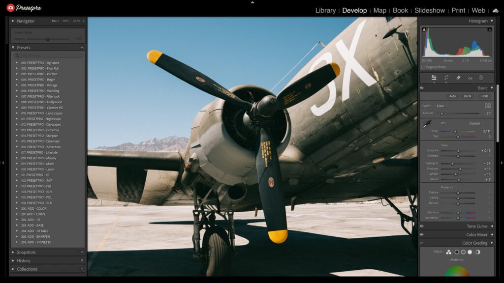 Lightroom Classic editing interface with Fujicolor Pro 400H inspired preset applied to a vintage aircraft, showing color and contrast adjustments.