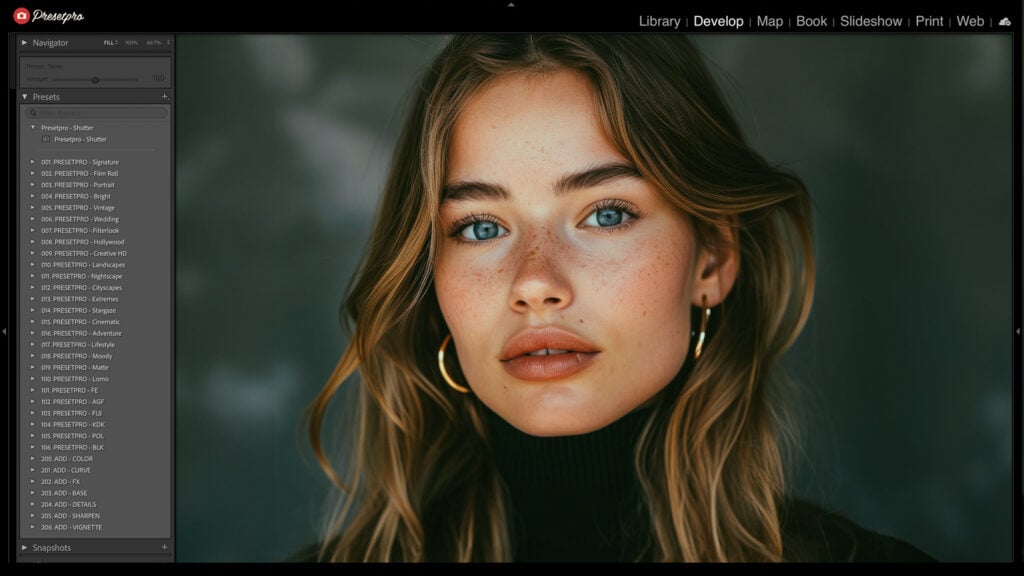 A close-up portrait of a woman with blue eyes and golden-brown hair, enhanced with the Kodak Ektachrome 100 Inspired Preset, featuring rich tones and crisp details.
