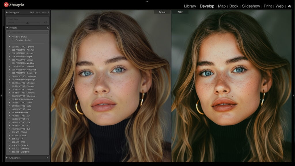 A screenshot of Adobe Lightroom with the Kodak Ektachrome 100 inspired preset applied, showing adjustments in the Develop module for a professional film look.