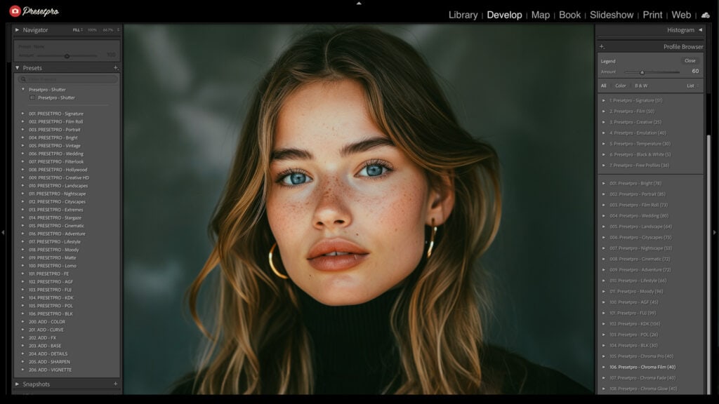 A naturally lit portrait of a woman with freckles and blue eyes, edited with Kodak Ektachrome 100 Inspired Lightroom Preset, emphasizing soft highlights and realistic skin tones.