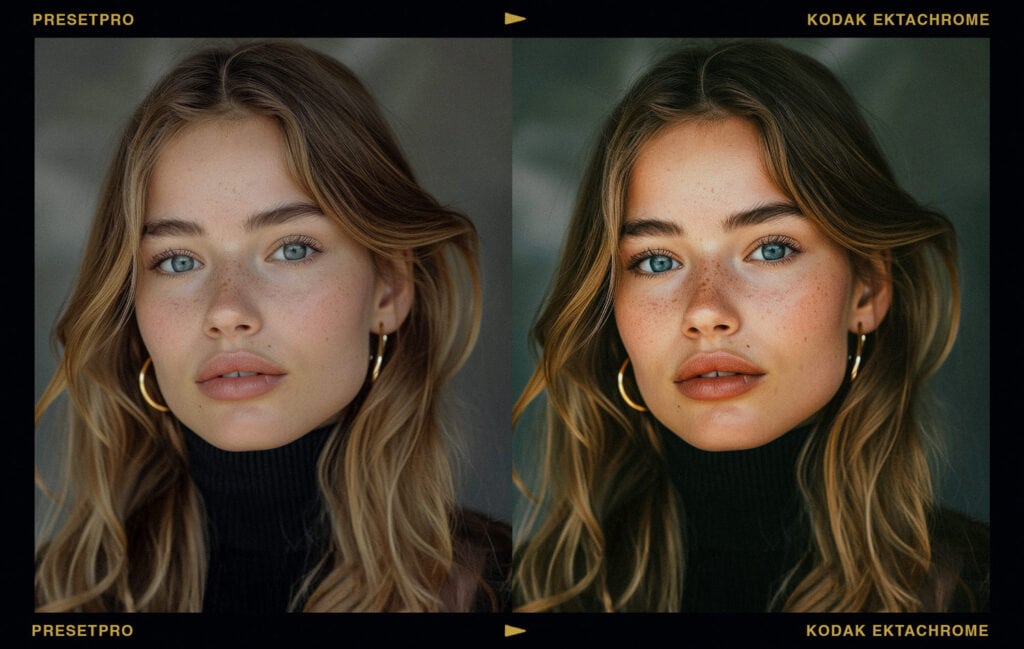 A film-inspired edit of a portrait with a Kodak Ektachrome 100 film border, mimicking the authentic vintage slide film aesthetic.