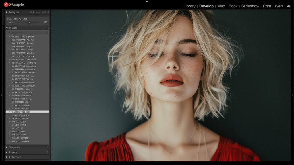 Screenshot of Adobe Lightroom Classic with the Kodak Portra 160 Inspired Preset applied to a portrait of a blonde woman in a red dress. The preset enhances skin tones and softens the contrast for a natural film look.