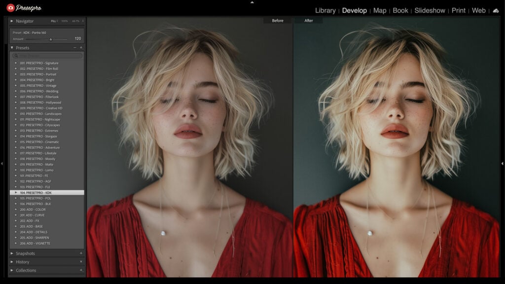 Side-by-side before and after comparison of the Kodak Portra 160 Inspired Lightroom Preset. The left side shows the unedited version, while the right side highlights enhanced skin tones, refined contrast, and a subtle grain effect.