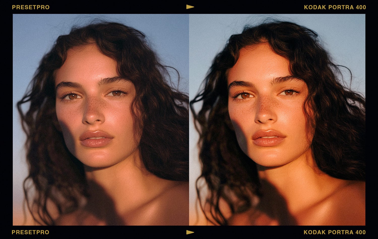 Before and after comparison of a portrait using the Kodak Portra 400 inspired Lightroom Preset, showing film-like skin tones and a rich color palette.