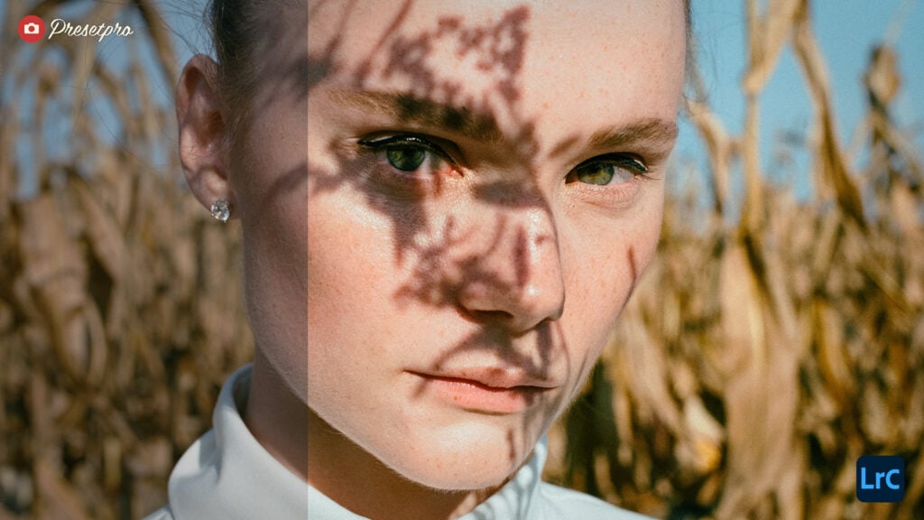 Before and after applying Kodak Portra 800 inspired Lightroom Preset to a portrait of a woman in natural light with shadows on her face.