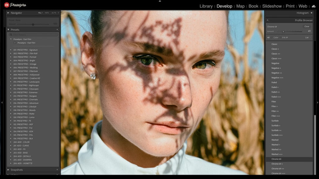 Lightroom editing interface showing the Kodak Portra 800 inspired preset applied to a portrait in the Develop module.