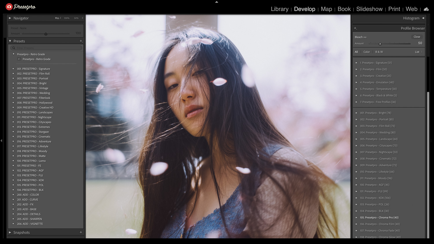 Lightroom Develop module open with Retro Grade preset applied to a portrait of a woman in natural light surrounded by flower petals.