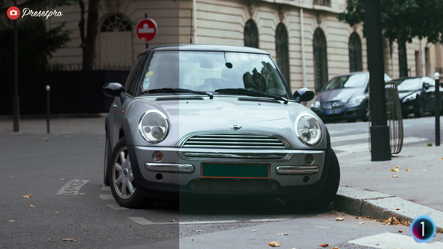Before and after image of a silver Mini Cooper edited with the Free Capture One Style “Portra” by Presetpro.com, showcasing enhanced colors, soft contrast, and a film-inspired look ideal for street and urban photography.